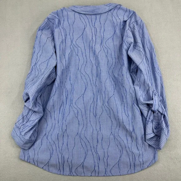 Chico's Blue White Pinstripe Textured Button Down Shirt Roll Tab Size 3 Large - Picture 10 of 13